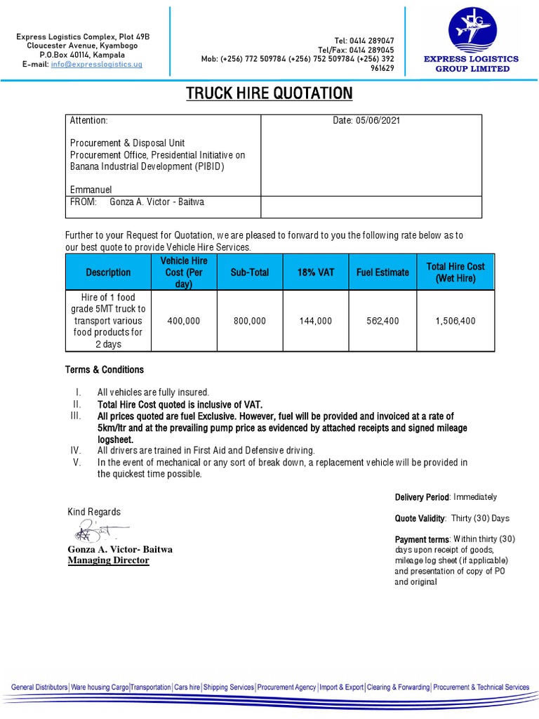 Truck Hire Quotation for PIBID | PDF | Service Industries | Vehicles