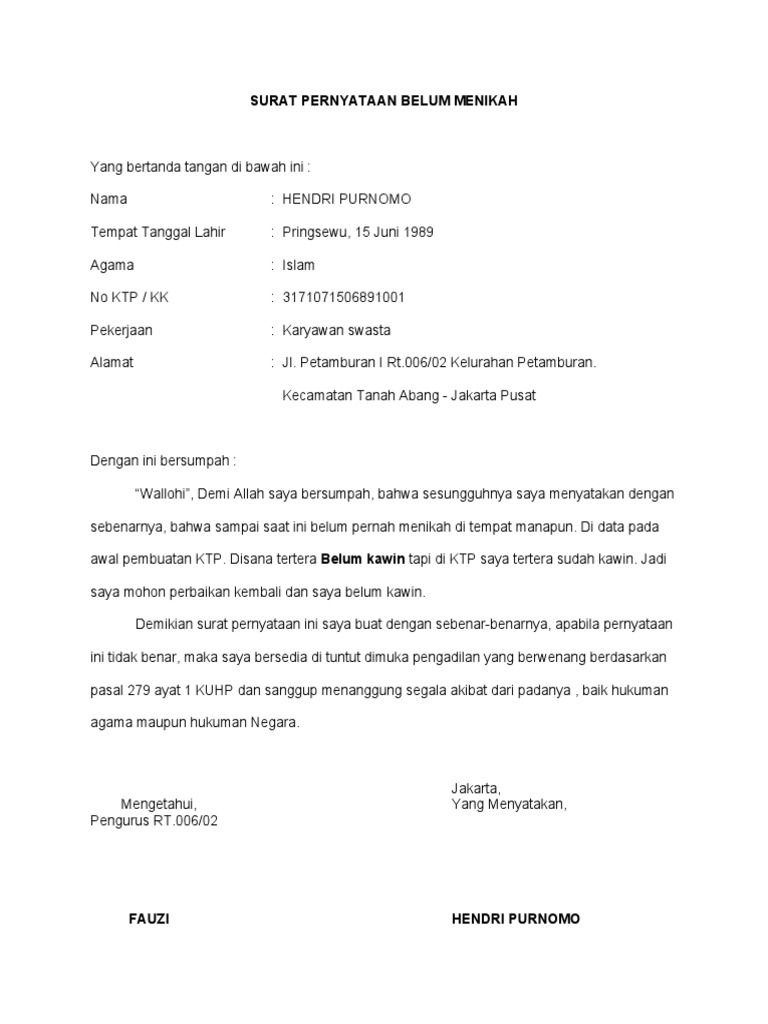 Surat Pernyataan Belum Menikah