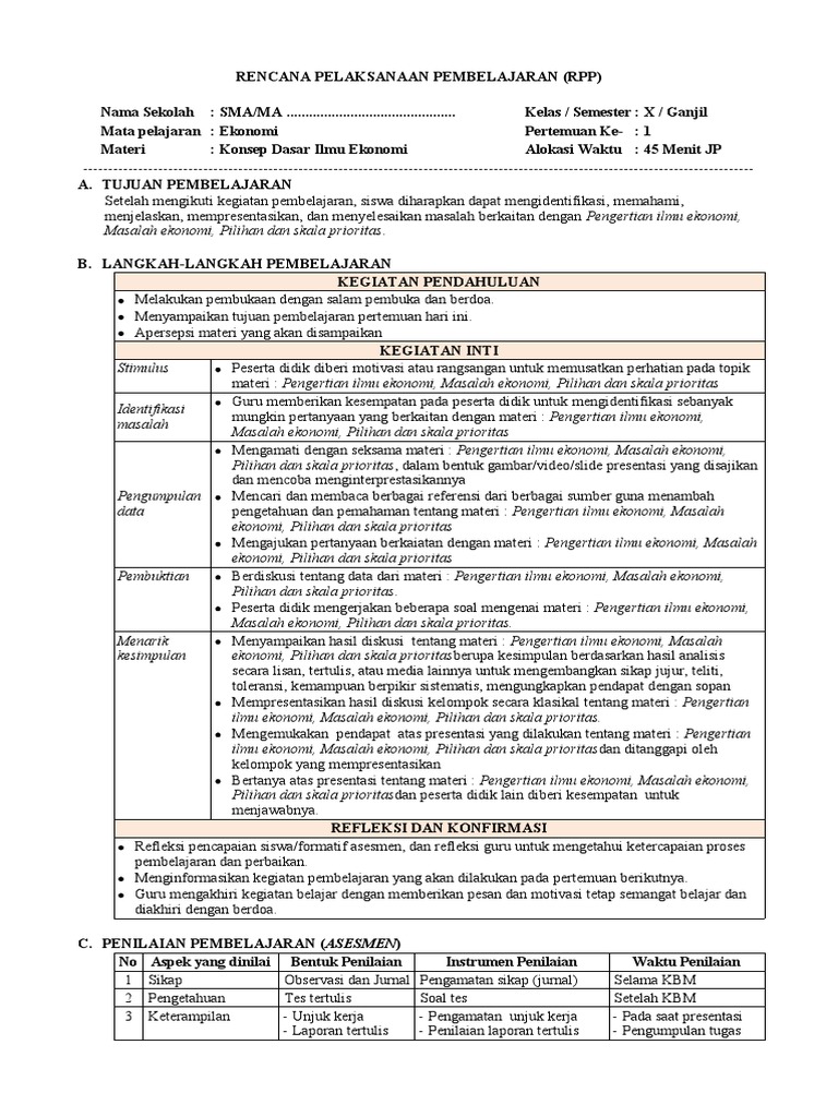 RPP 1 - Konsep Dasar Ilmu Ekonomi | PDF