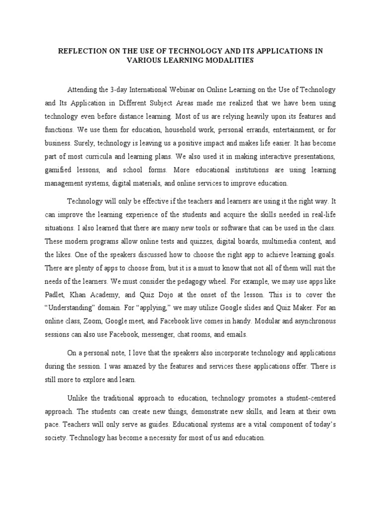 Reflection On The Use of Technology and Its Applications in Various ...