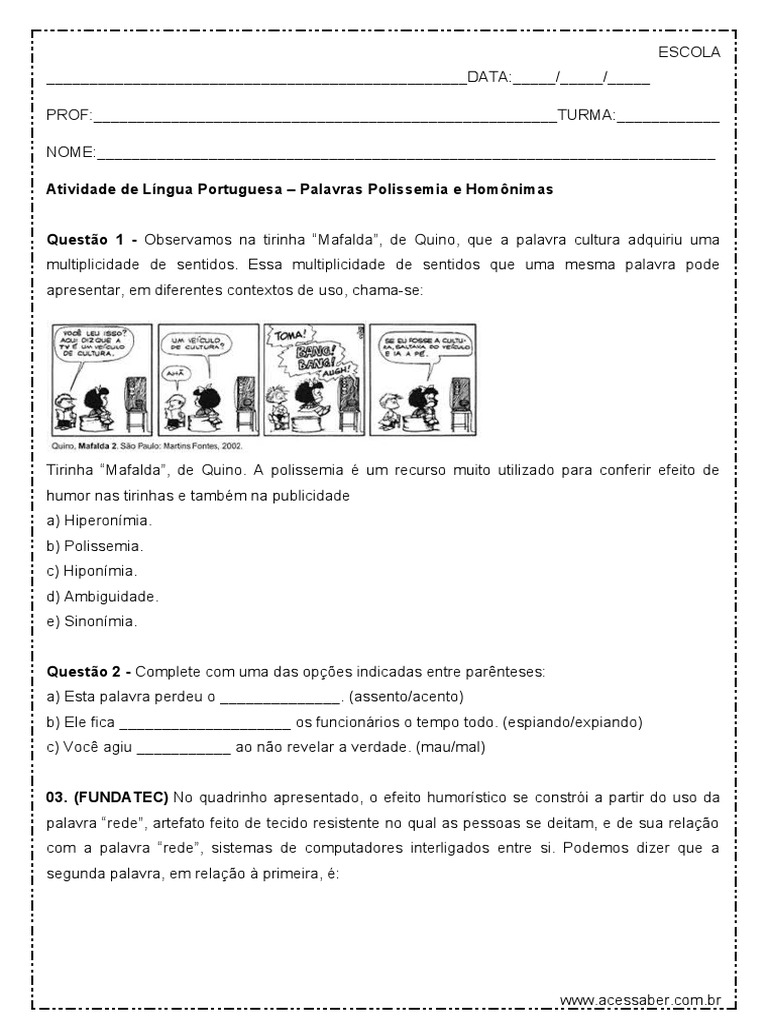 Atividade Polissemia-Homonimas-Ensino-Medio | PDF | Linguística ...
