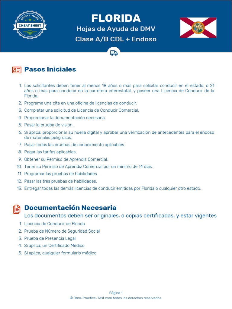 DMV Cheat Sheet Florida Es CDL Clase A B Endoso | PDF | Licencia de ...