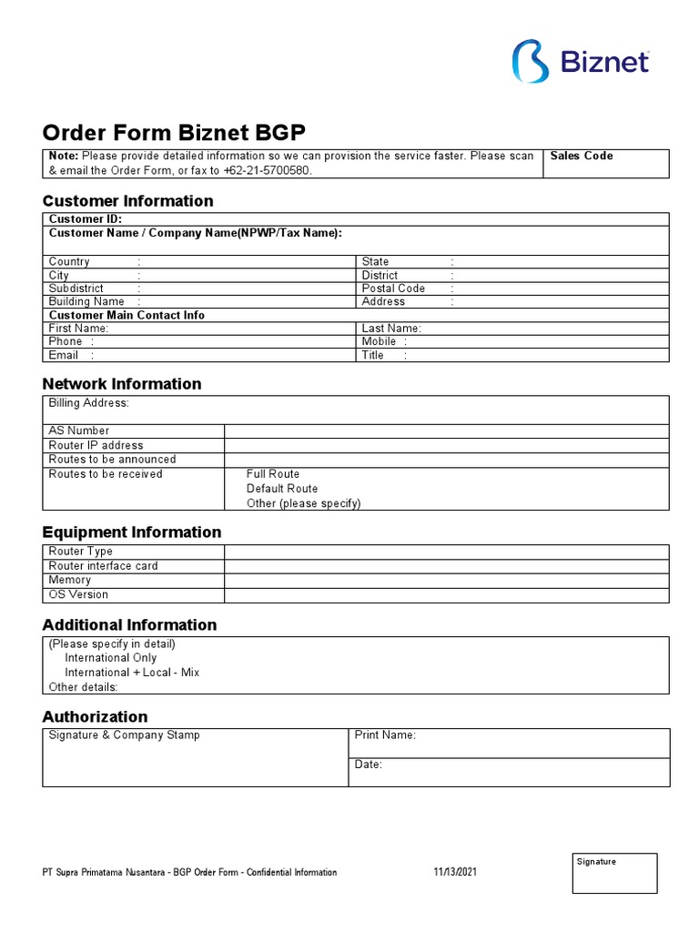Order Form Biznet BGP: Customer Information | PDF