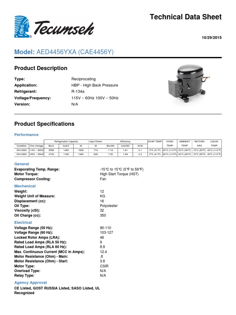 Tecumseh AED4456YXA Technical Data Sheet | PDF | Electrical Engineering ...