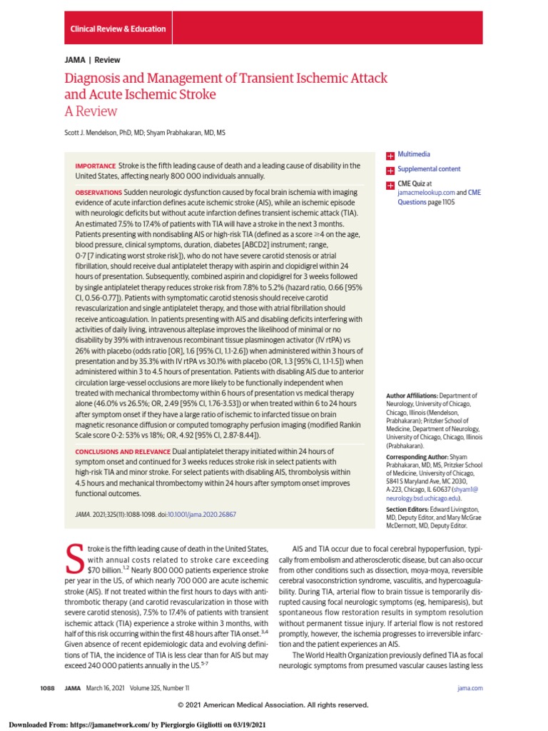 Diagnosis and Management of Transient Ischemic Attack and Acute ...