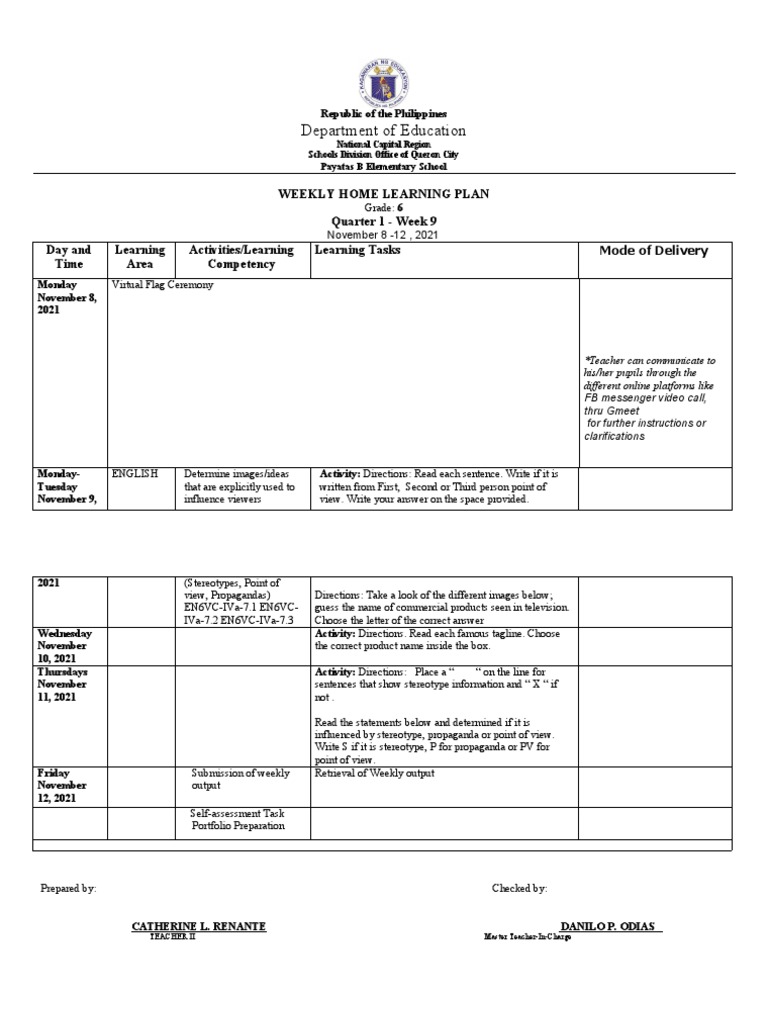 Grade 6 Weekly Home Learning Plan | PDF | Learning | Cognition