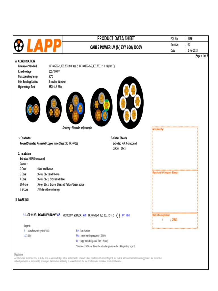 LAPP Power LV (N)2XY Cable PDS 215E | PDF | Electrical Conductor ...