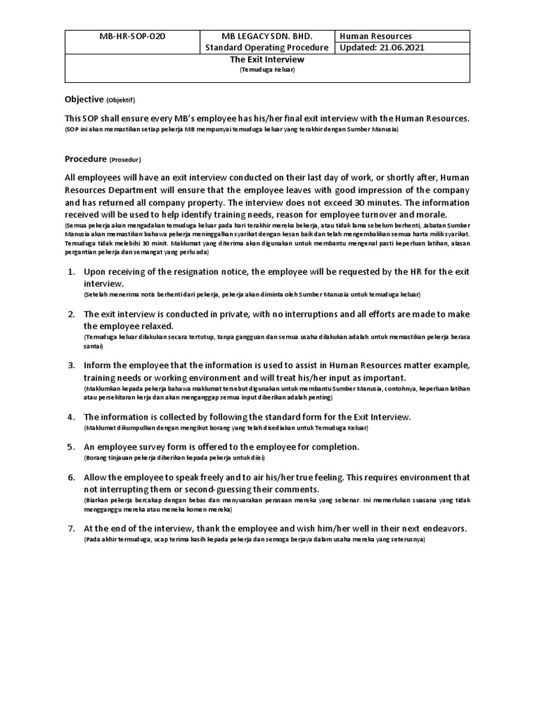 MB-HR-SOP-020-The Exit Interview | PDF