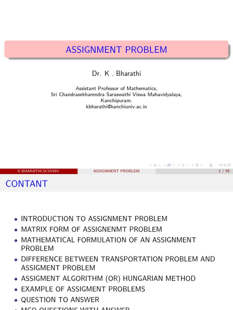 Mathematical Formulation of Assignment Problem | PDF | Maxima And ...