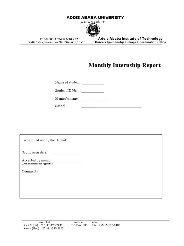 Monthly Internship Report Addis Ababa University Pdf Workweek And