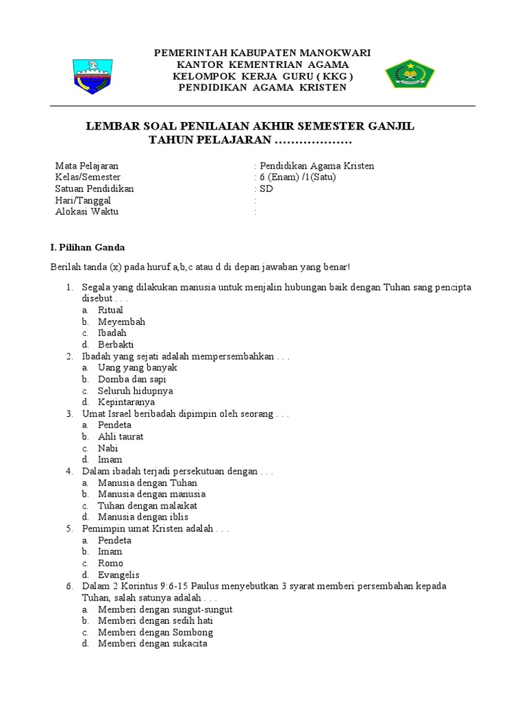 Soal PAK Kelas 6 | PDF