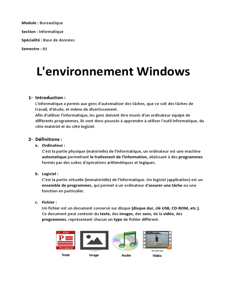 Introduction à l'environnement Windows | PDF | Système d'exploitation ...