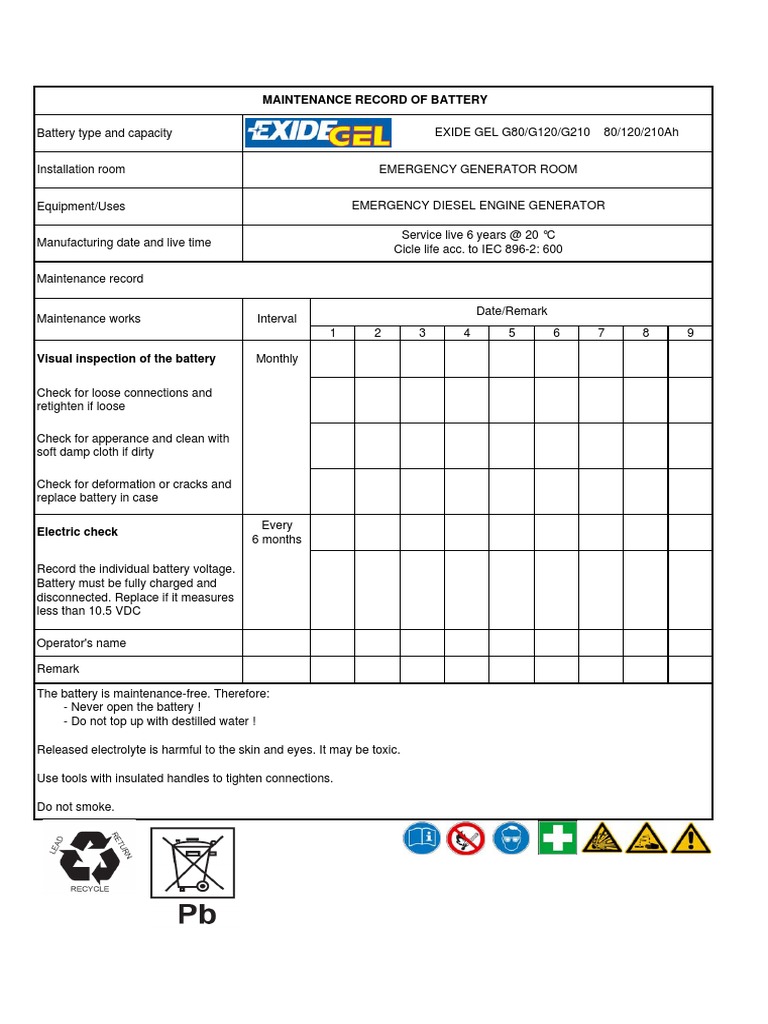 Maintenance Record and Safety Guidelines for Exide Gel Batteries