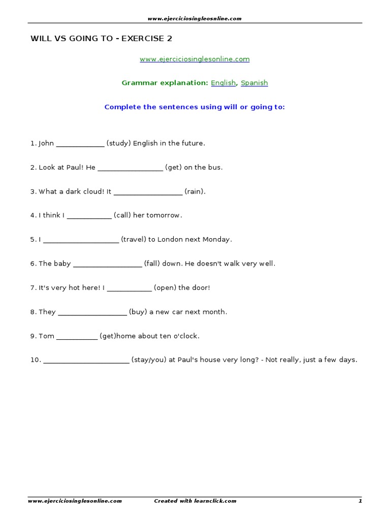 Will Vs Going To Exercise 2 | PDF