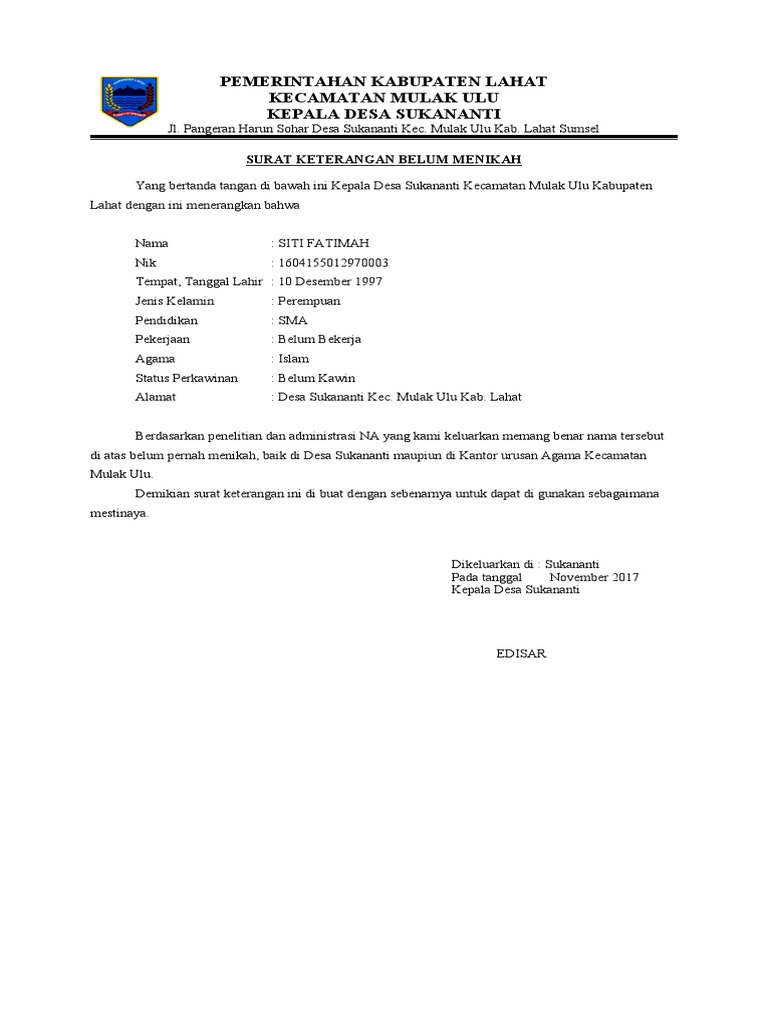 Surat Keterangan Belum Menikah | PDF
