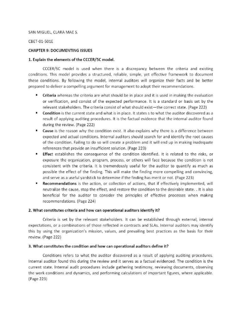 Chapter 9 Documenting Issues 1. Explain The Elements of The CCCER 5C ...