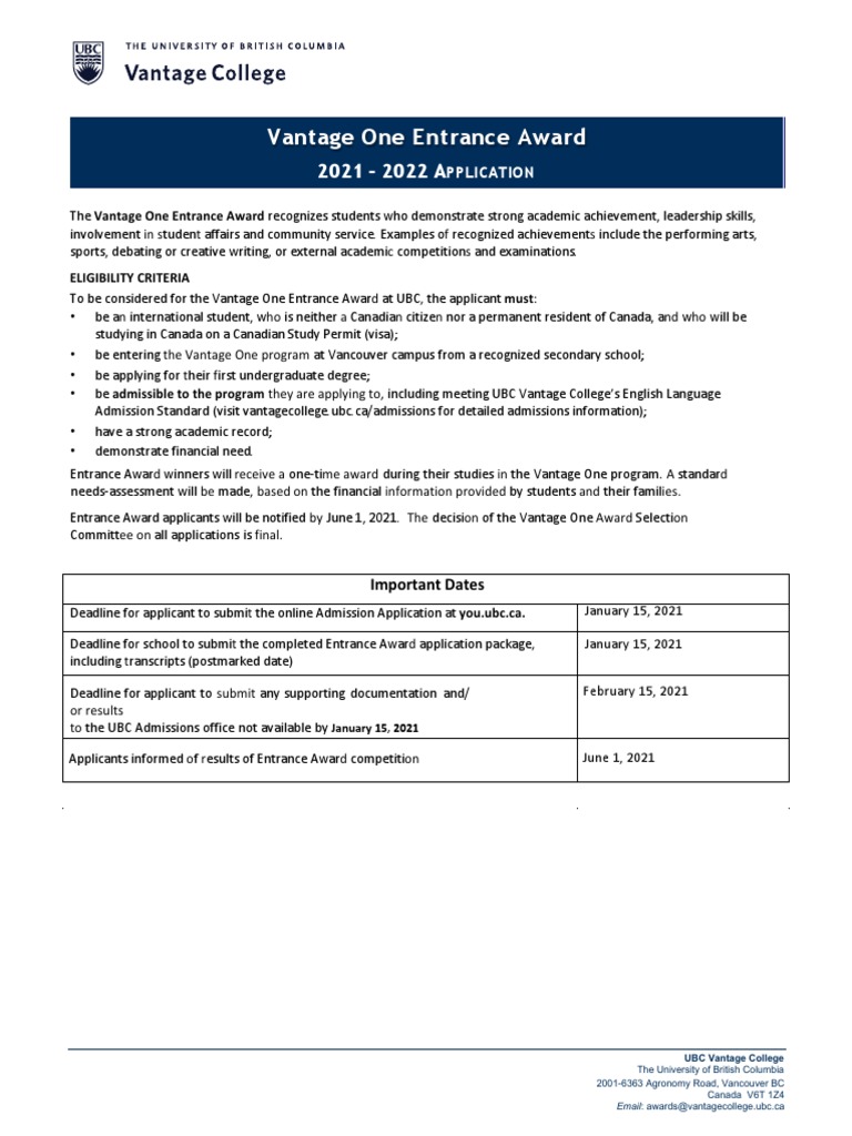 Vantage One Entrance Award Application | PDF | Wealth | University And ...