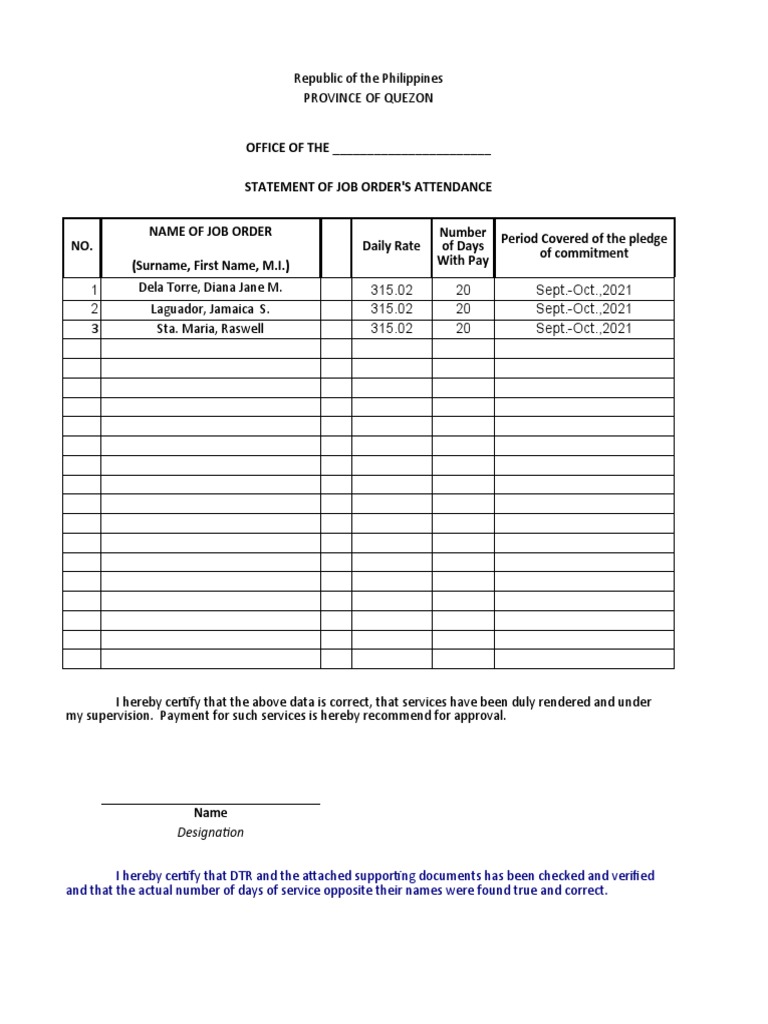 OFFICE OF THE - Statement of Job Order'S Attendance | PDF