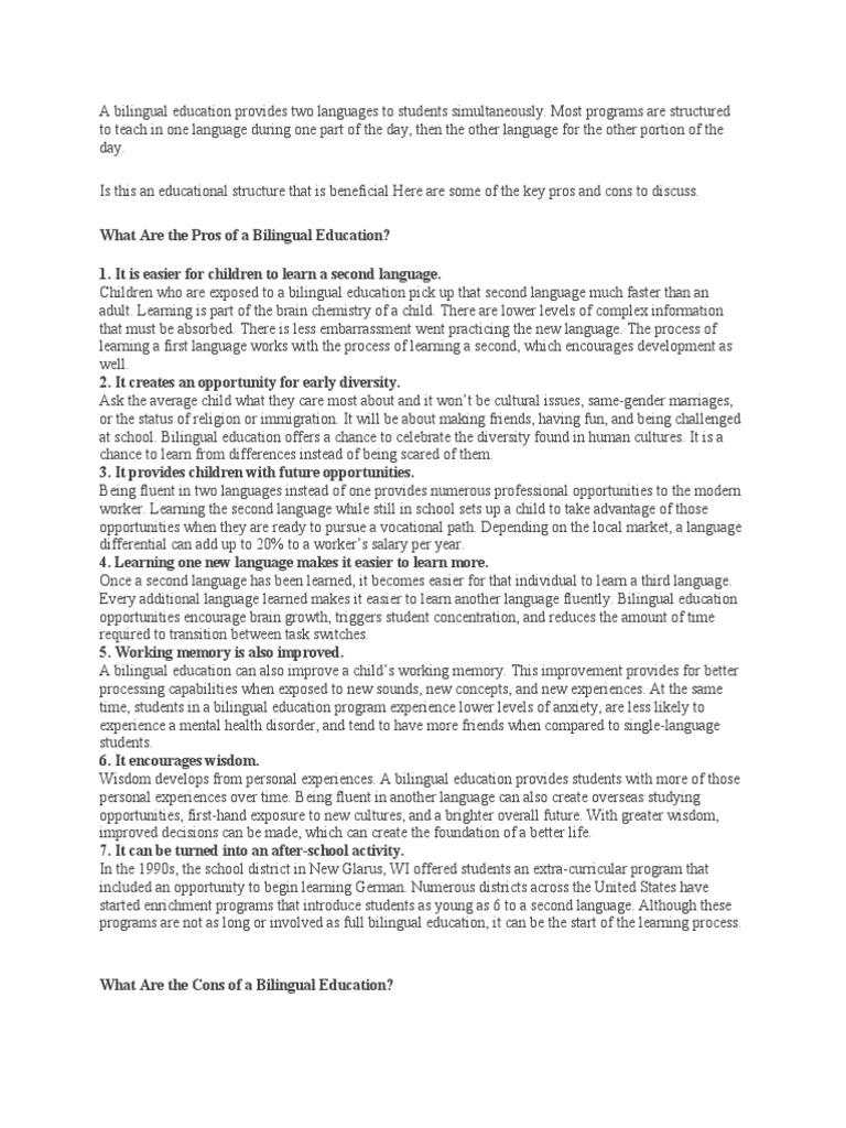 Pros and Cons of Bilingual Education | PDF | Multilingualism | Fluency