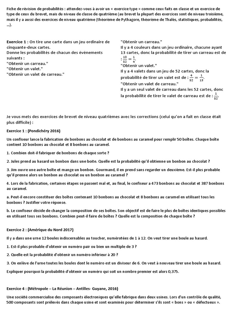 Exercice Probabilité 3ème Brevet Pdf Corrigé 4èmes Probabilités Fiche de Révision | PDF