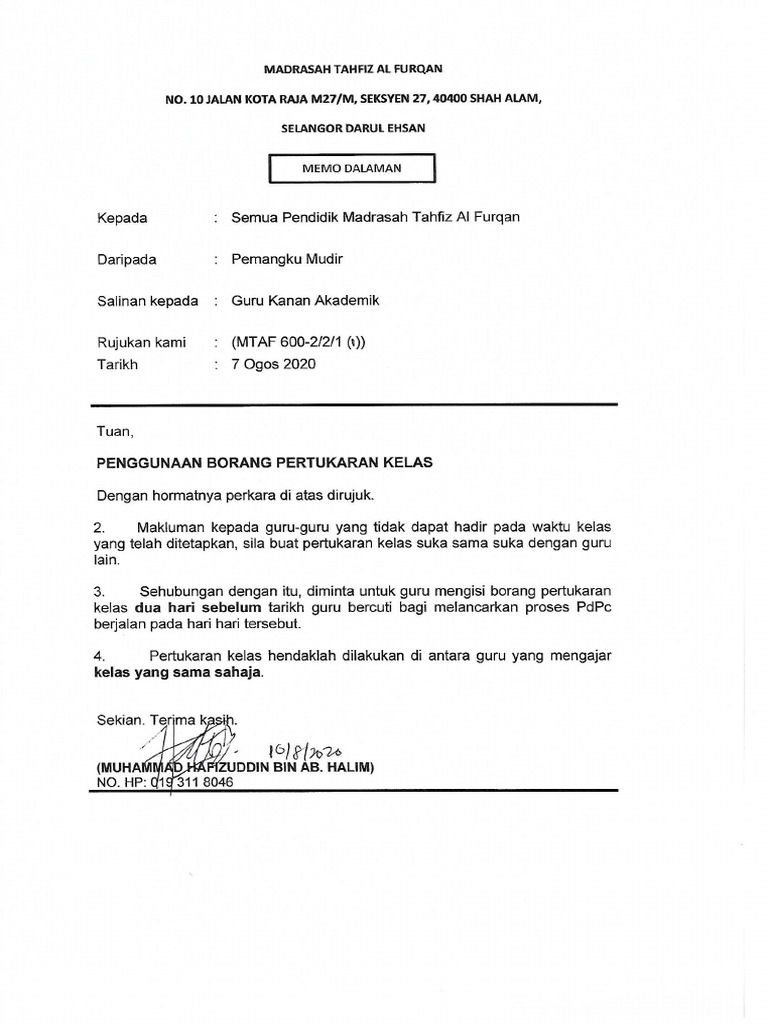 Memo Dalaman Pertukaran Kelas PDF