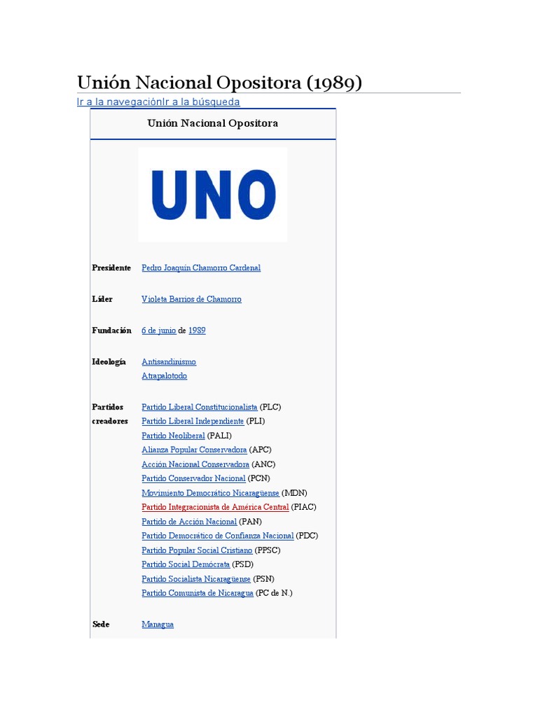 Unión Nacional Opositora (1989) PDF Partidos políticos Democracia
