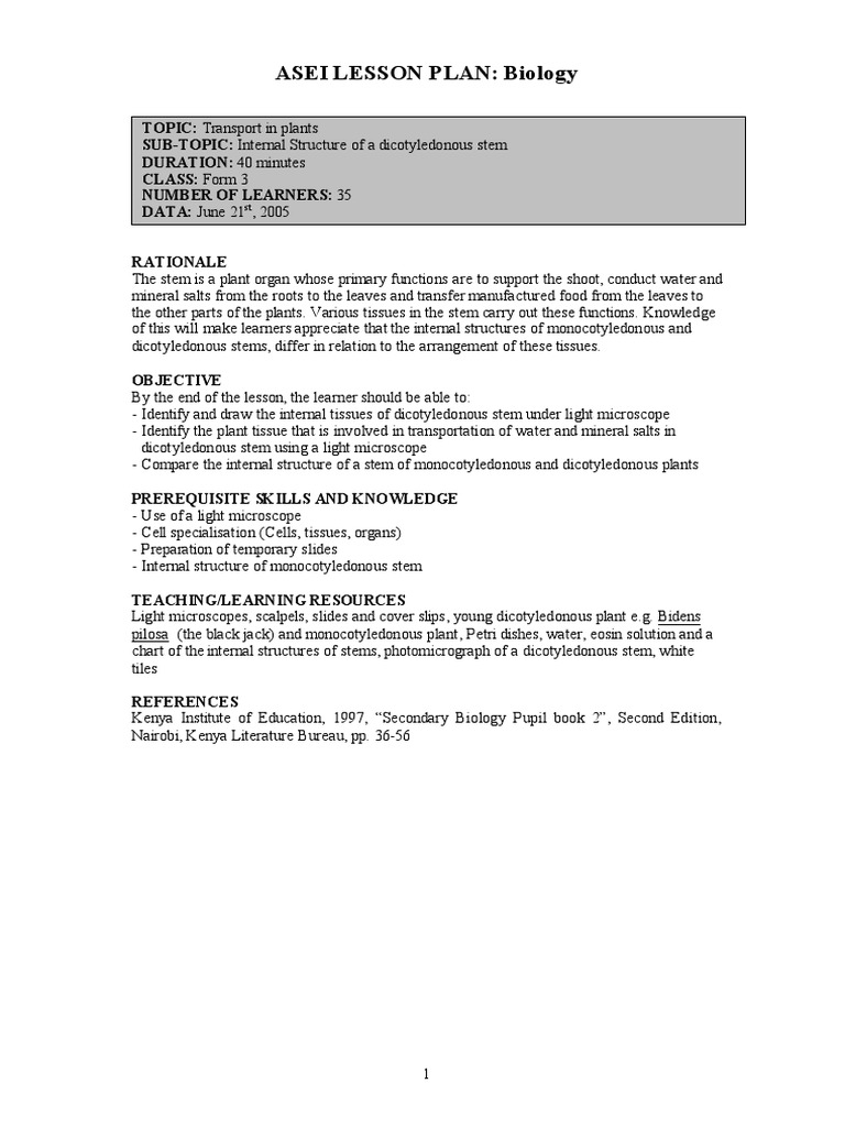 Asei Lesson Plan: Biology | PDF | Plant Stem | Leaf