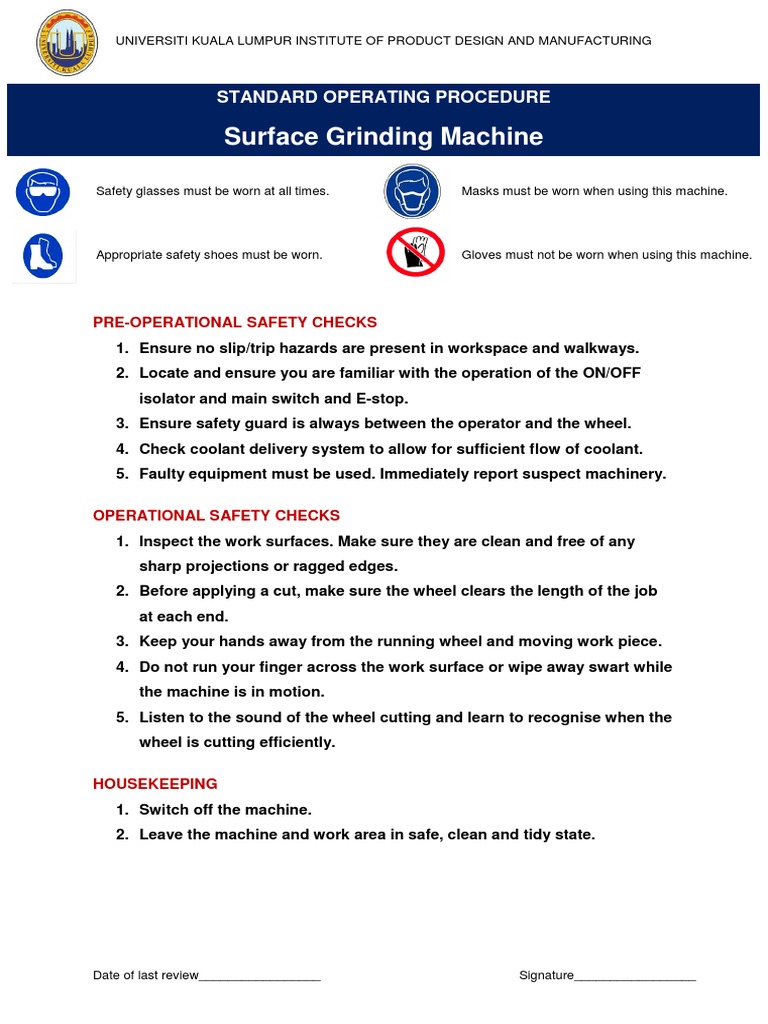 Surface Grinding Machine Standard Operating Procedure PDF