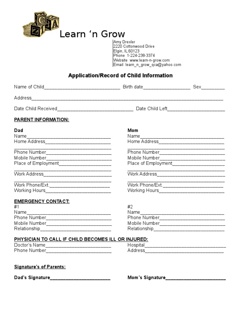 Childcare Enrollment Form | PDF | Medicine | Health Care