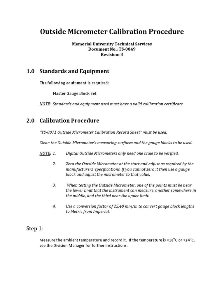 Outside Micrometer Calibration Procedure 1.0 Standards and Equipment PDF Calibration