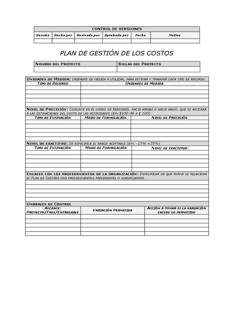 Plan de Gestión de Costos del Proyecto | PDF | Medición