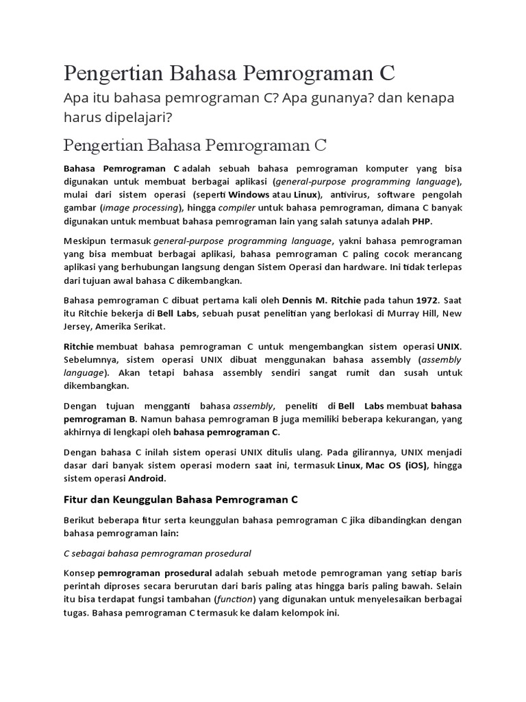Pengertian Dan Sejarah Pemrograman C | PDF | Komputer