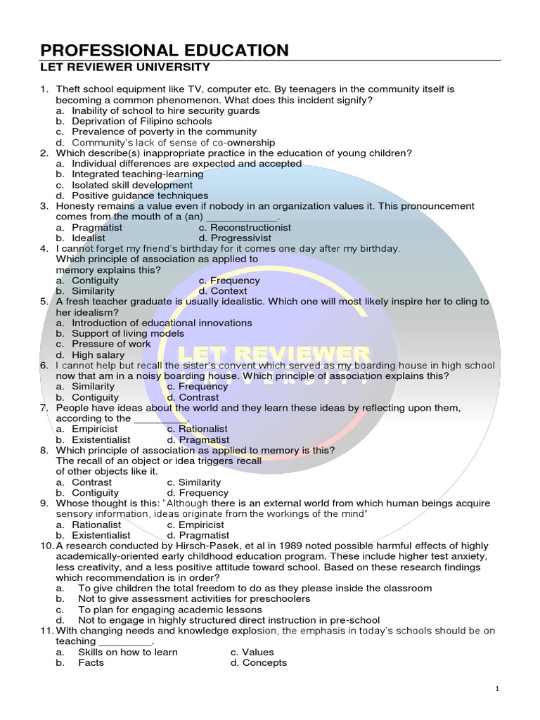 Professional Education Reviewer By Let Reviewer University Pdf