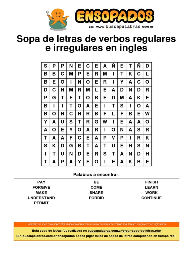 sopa de letras de verbos irregulares en ingls
