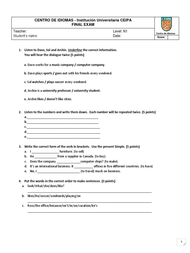 English Listening and Grammar Exam | PDF | Linguistics | Human ...