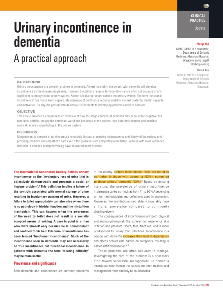 Urinary Incontinence in Dementia PDF Urinary Incontinence Dementia