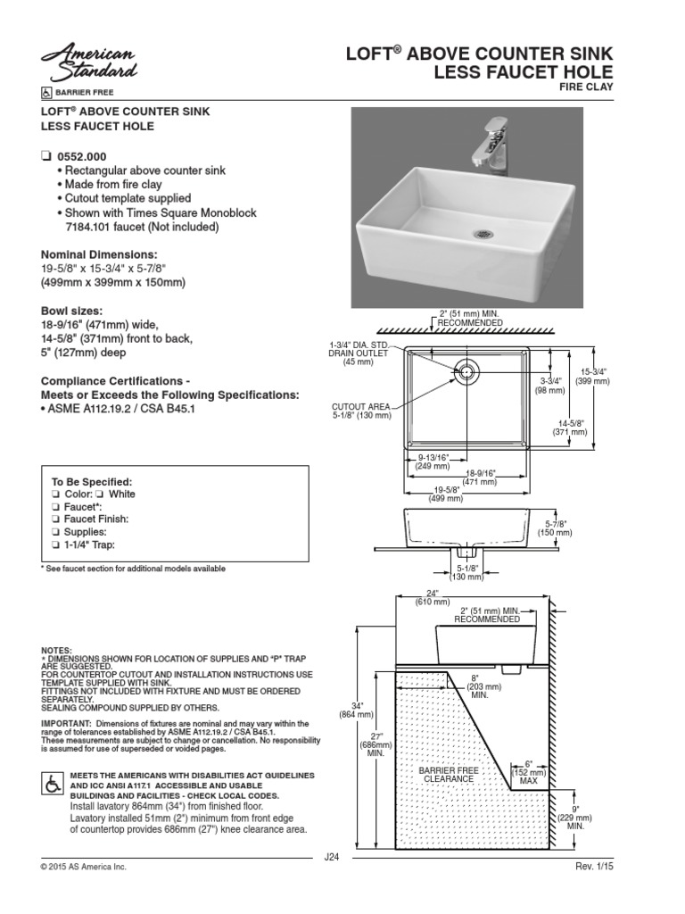 Loft Above Counter Sink Less Faucet Hole 0552.000 PDF Sink