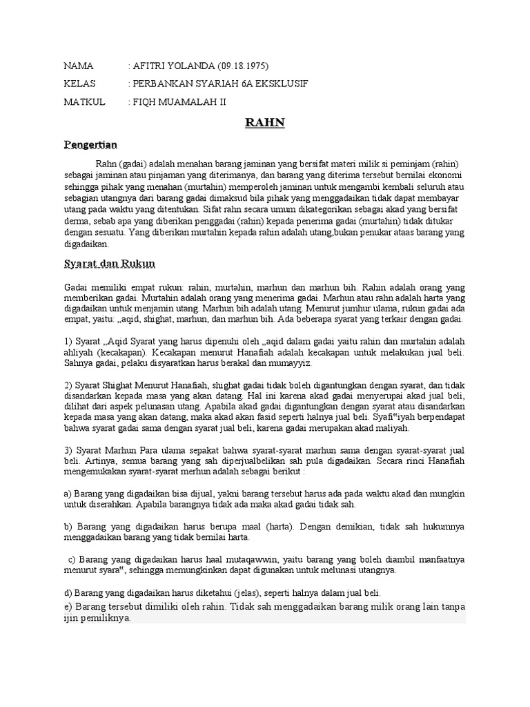 Pengertian dan Syarat Rahn dalam Islam | PDF | Pengelolaan Keuangan ...