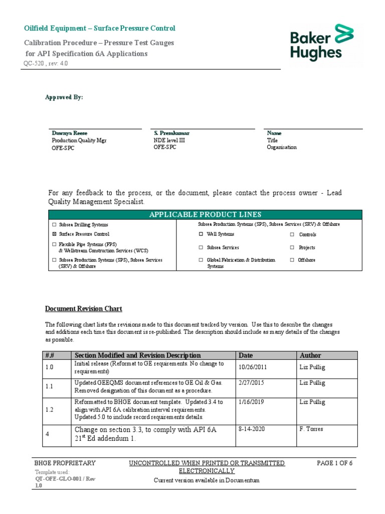 Calibration Procedure Pressure Test Gauges For API Specification 6A