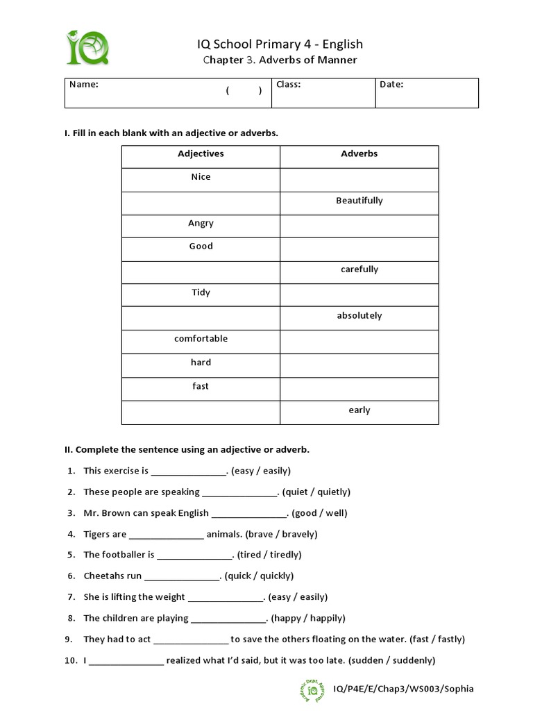 Adverbs of Manner Worksheet for Kids | PDF