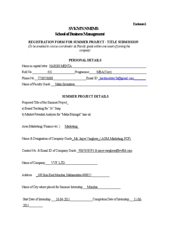 Summer Project Registration Form | PDF