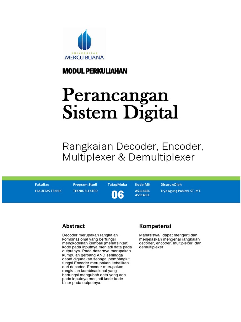 Pertemuan 6 - Rangkaian Decoder, Encoder, Multiplexer Demultiplexer | PDF image.