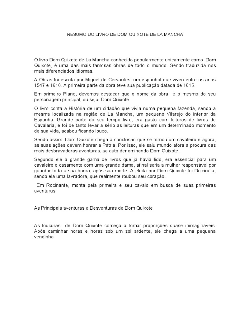 Resumo Do Livro de Dom Quixote de La Mancha | PDF
