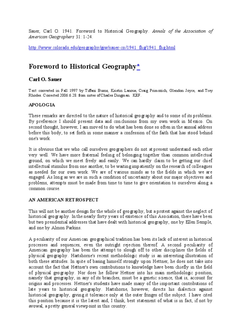 C Sauer Foreword To Historical Geography PDF Geography Anthropology