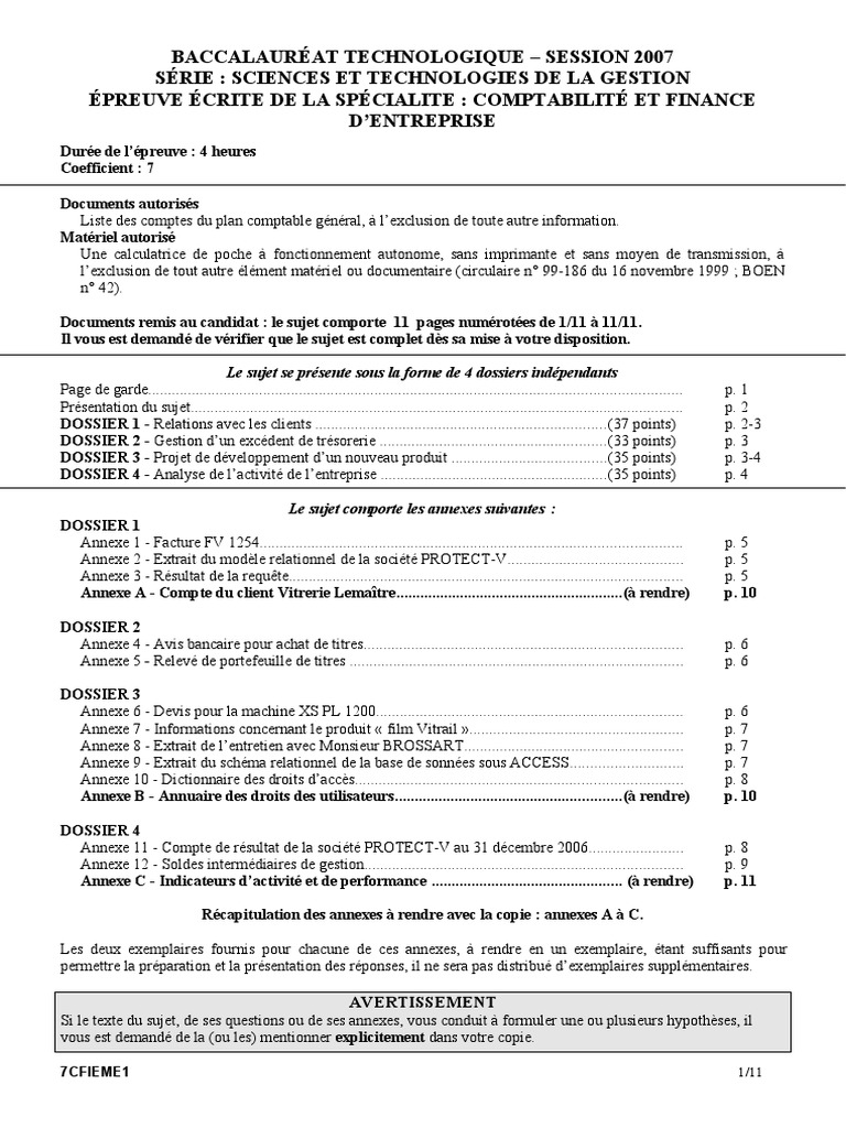 Bac 2007 : Épreuve Comptabilité CFE | PDF | Facture | Comptabilité