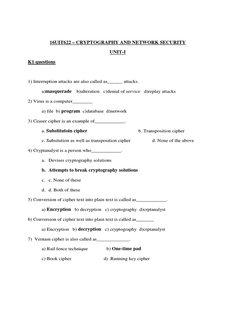 16uit622 - Cryptography and Network Security Unit-I K1 Questions | PDF ...