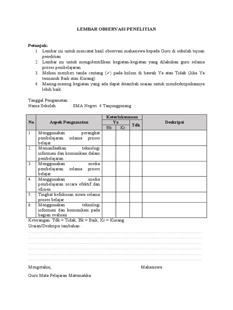  Lembar Observasi Pembelajaran Siswa 