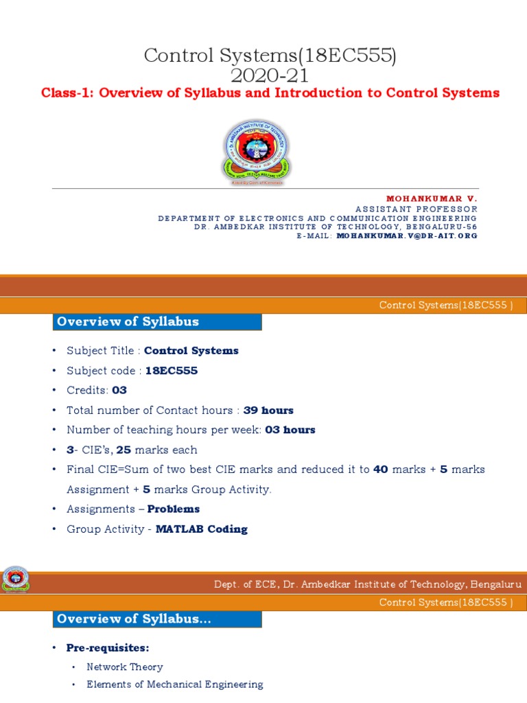 Control Systems (18EC555) 2020-21: Class-1: Overview of Syllabus and ...