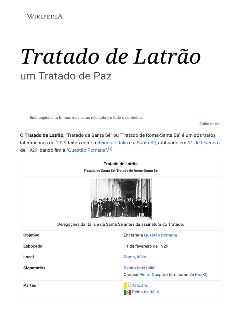Tratado de Latrão - Wikipédia, A Enciclopédia Livre | PDF | Igreja católica
