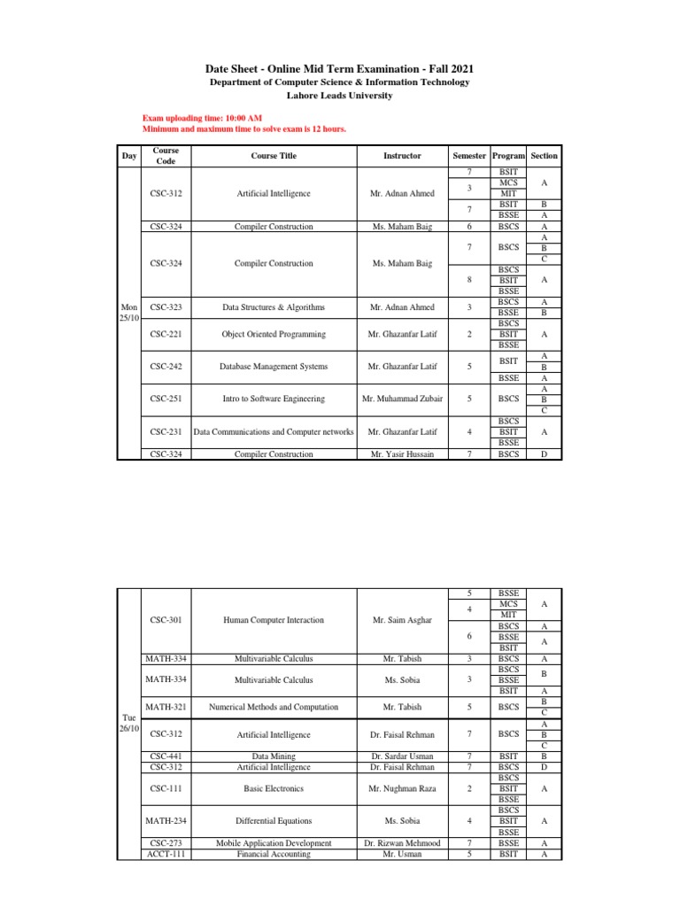 Mid Term Examination Schedule Fall 2021 PDF Science Computing